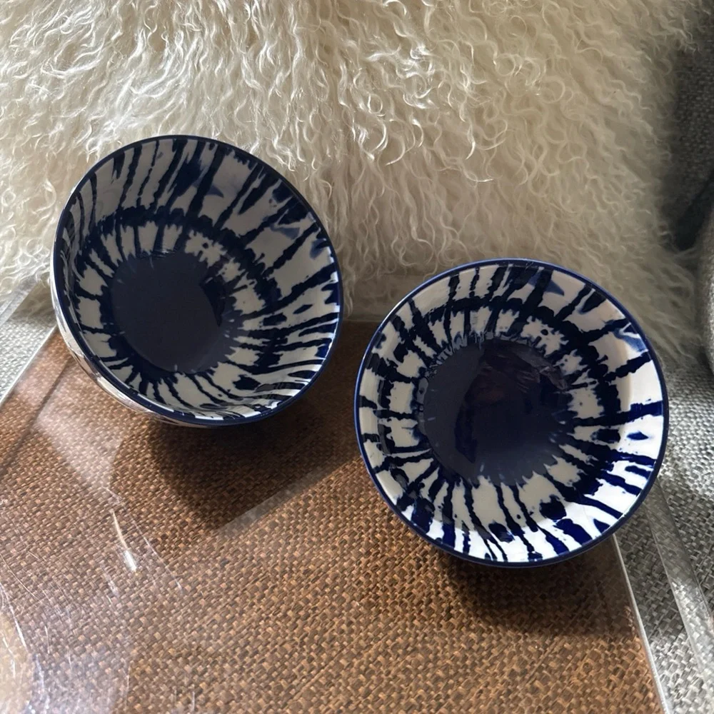 West Elm Indigo Tie Dye Bowls Set of 2 Blue White Ceramic